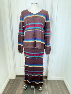 NEW TASHA POLIZZI pullover v-neck multi color striped Sweater and Skirt Set Sz L